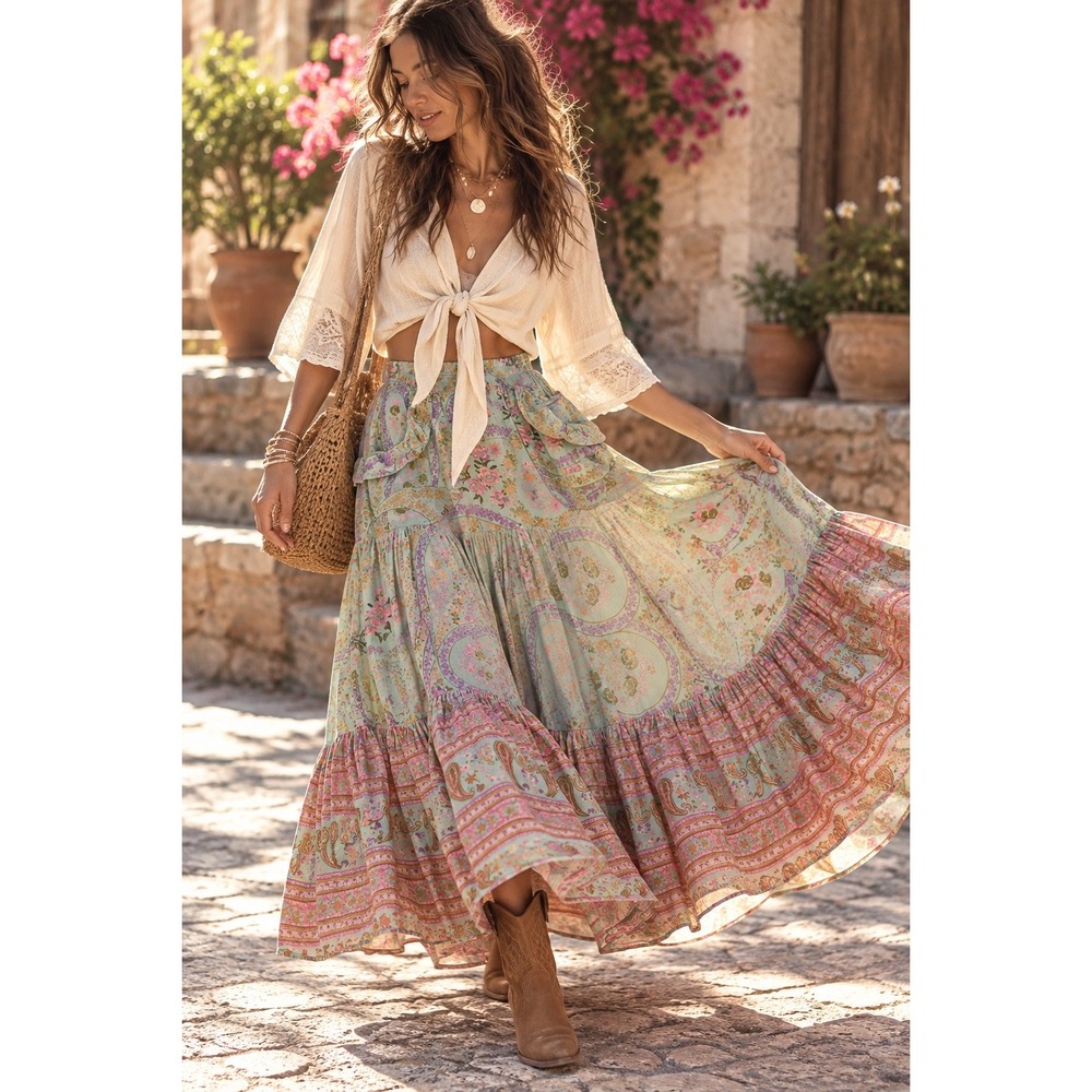 Spell & the Gypsy Collective City Lights Floral Paisley Tiered Maxi Skirt XS